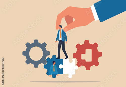 Solution for team, building organization, people management or career development, job position to help success, skill or efficiency concept, businessman hand put new employee to fix cogwheel gears.