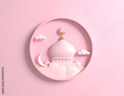 Pink mosque & crescent moon in circular frame, soft clouds
