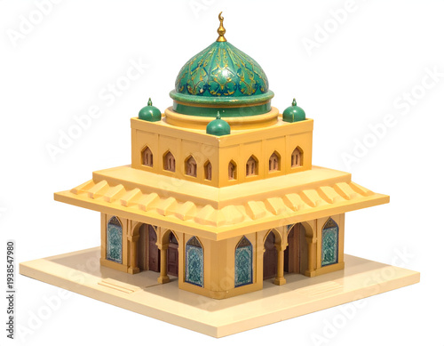 Miniature ornate yellow mosque with green tiled dome