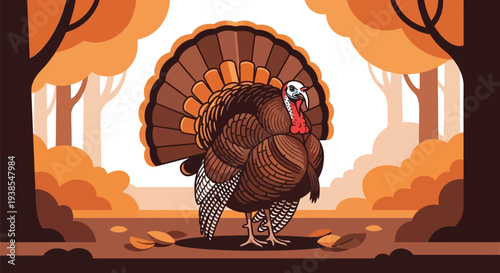 Wild turkey standing in a colorful autumn forest with fallen leaves