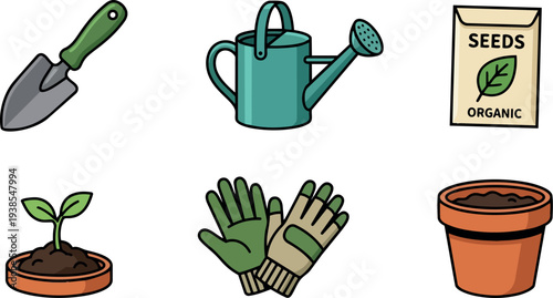 Flat design close up set gardening icons trowel watering can seed packet seedling gloves terracotta pot hand drawn top view colorful