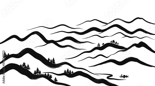 Black silhouette of mountain range landscape.