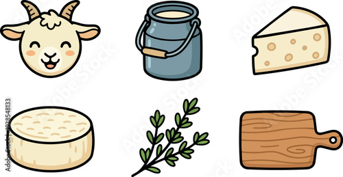 Flat design cute food sticker set with smiling goat head, milk can, two cheeses, thyme sprig and rustic wooden board