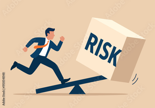Risk averse, avoid or minimize risk, run away from uncertainty, fear or safety decision for investment, prefer security or stability concept, businessman investor run away from risk collapsing box.