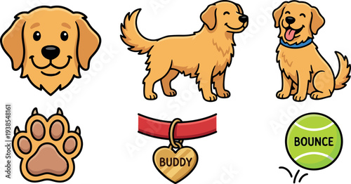 Cute cartoon vector set of golden retriever head, standing and sitting dog, paw, name tag reading buddy and bouncing ball