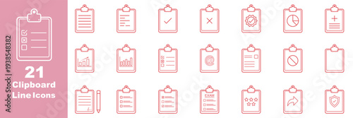 Clipboard and checklist with check boxes thin line icons set. Editable stroke. Vector illustration.  Report and survey editable line icons. Audit and financial compliance icons set, thin line business