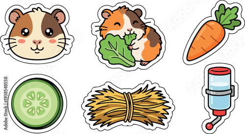 Cute sticker sheet flat design featuring hamster face and hamster eating lettuce with carrot hay water bottle and cucumber slice
