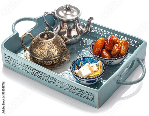 Ornate tea set, dates, and sweets on a decorative tray