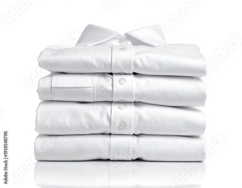 Stacked crisp white button-down shirts, neatly folded