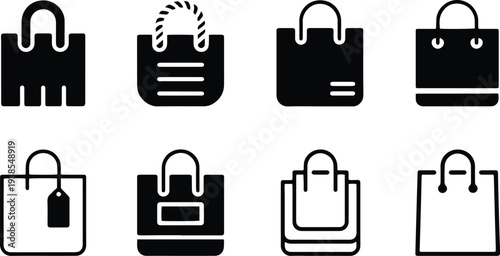 Shopping Bag Icon Set. Retail Market Paper Bags for Online Shop and E-Commerce Symbols – Stock Vector