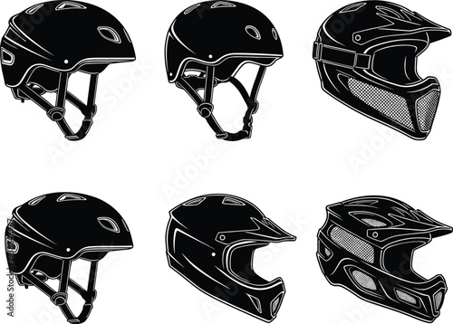 Helmet silhouettes, open-face and full-face, side view icons, safety gear, black vector set, sports protection, headwear illustration