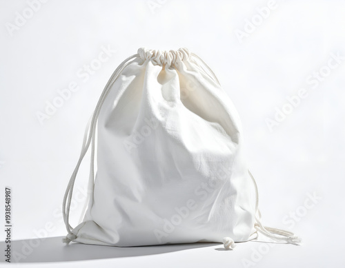 A plain, white fabric drawstring bag with a tie closure, isolated