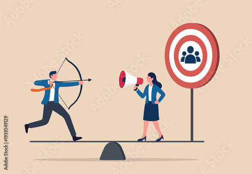 Target audience for advertising, HR finding candidate for job vacancy, finding customer or client, people focus group research concept, businessman shooting bow on people target bullseye