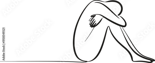A continuous line drawing illustrates a solitary figure curled in a fetal position.