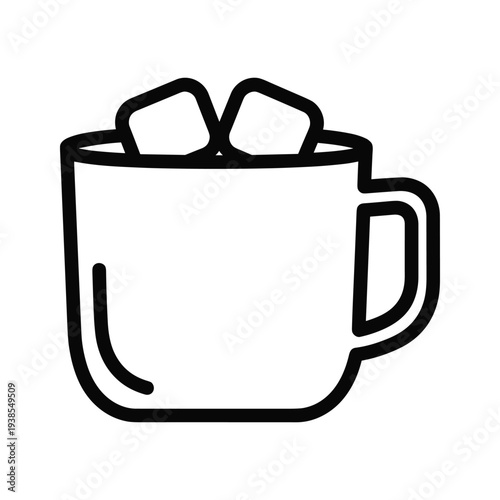 Minimalist Rounded Mug Icon with Handle and Square Ice Cubes Illustration Outline