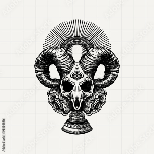 Ram Skull with Radiant Halo Gothic Illustration