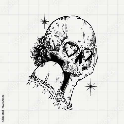Side View Skull with Heart Eyes Gothic Illustration