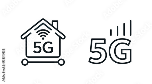 5G House Icon with Wireless Signal in Simple Line Art Style on White Background for Technology Illustration
