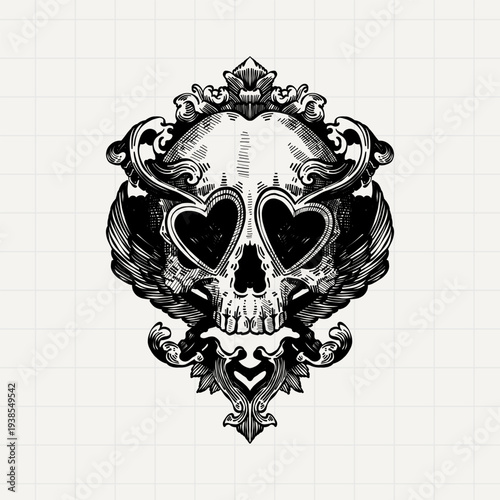 Heart Eyes Skull with Wings Gothic Tattoo Illustration