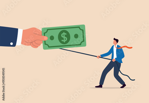 Fight for money, government asking for tax payment, company revenue market share, financial problem, pay off debt or bills concept, big hand pulling money banknote tug of war with small businessman