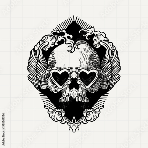 Winged Skull with Heart Eyes Gothic Illustration