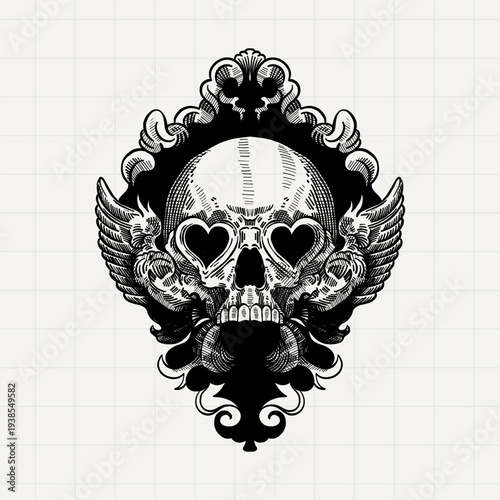 Winged Skull in Ornate Gothic Frame Illustration