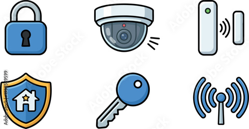 Flat design close up set of six smart home security icons showing blue padlock dome camera motion sensor shield key antenna wireless