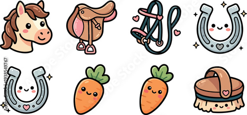 Kawaii flat vector equestrian icon set featuring smiling horse head saddle bridle carrots horseshoes grooming brush close up pastel cute collection