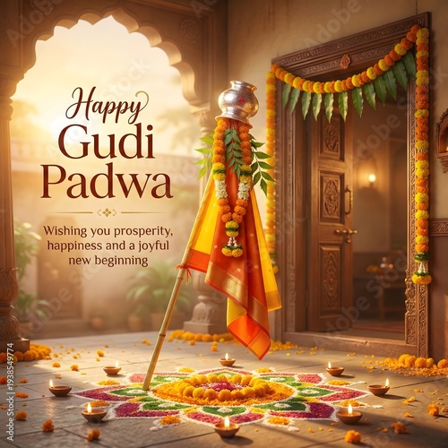 Gudi padwa celebration with decorated stick and rangoli design on floor