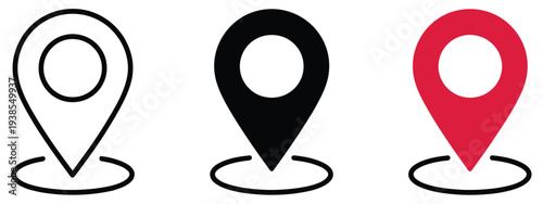 Location pointer map pin icon collection in flat design style, place marker navigation symbol, location search, and route direction