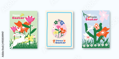  Set of three colorful easter illustrations featuring bunnies, eggs, and flowers