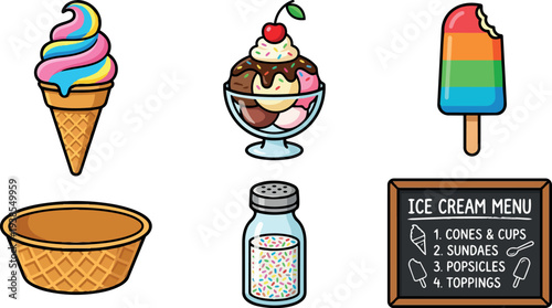 Flat design colorful ice cream icon set close up waffle cone sundae popsicle bowl sprinkles menu board on white top view