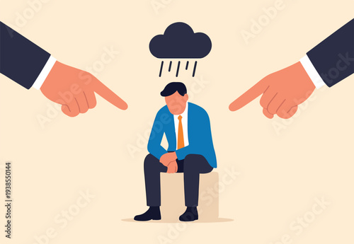 Toxic work, abuse or bullying colleagues, bad culture make exhausted depressed employee giant boss hands pointing and blaming at depressed businessman employee