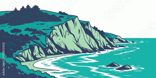 A scenic cliffside by the ocean with trees on top Vector