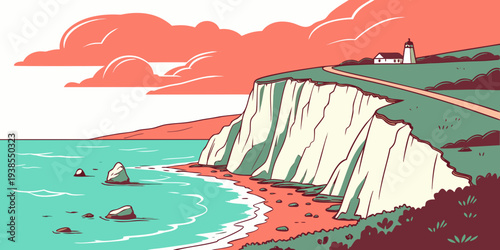 A pixel art illustration of a cliffside by the ocean with a lighthouse Vector