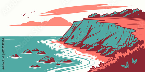 A pixelated image of a cliff by the sea Vector