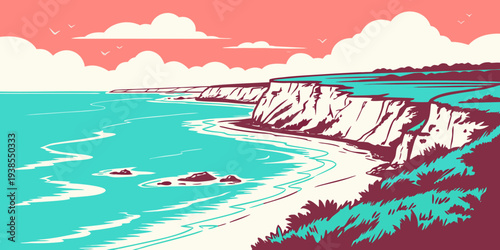 A colorful illustration of a beach with cliffs and clouds Vector