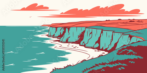 A colorful illustration of a cliff by the ocean Vector
