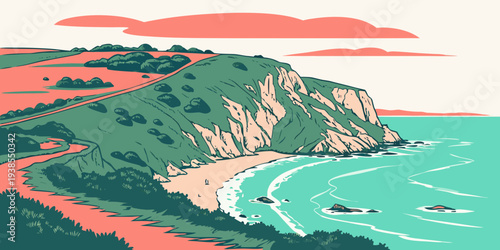 A serene coastal landscape with a sandy beach and green hills Vector