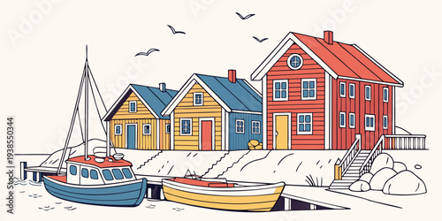 Colorful houses by the sea with boats and birds Vector