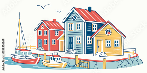 A colorful illustration of houses by the sea Vector