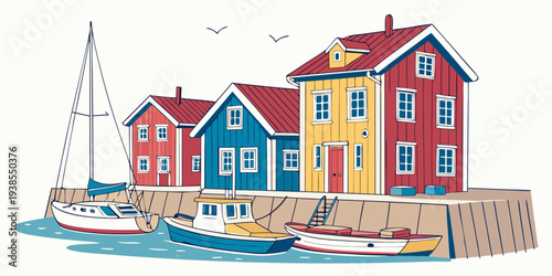 Colorful houses and boats by the waterfront Vector