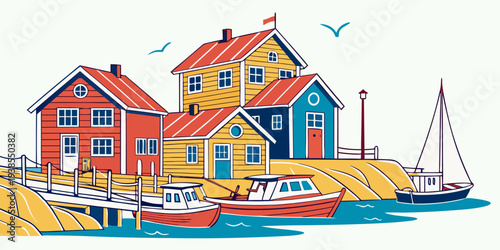 A colorful illustration of a harbor with boats and buildings Vector