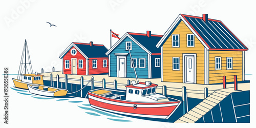 Colorful harbor scene with boats and houses Vector