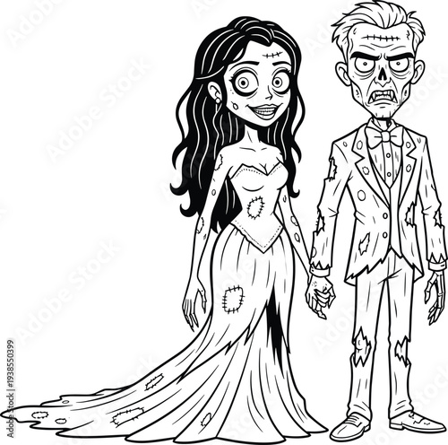 Cartoon zombie bride and groom illustration in tattered wedding attire, gothic horror couple holding hands, spooky undead characters perfect for Halloween, fantasy, and dark wedding themes