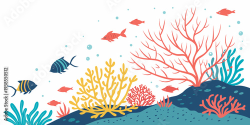 Colorful illustration of coral reef with fish Vector