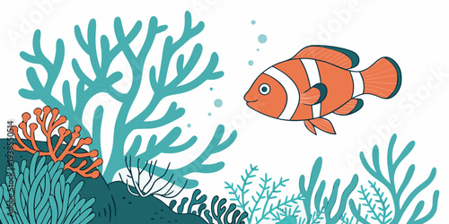 An orange fish swimming near a coral reef Vector