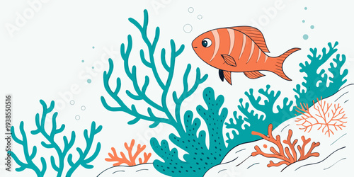 An orange fish swimming near coral reef Vector