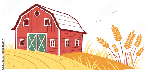 A red barn on a farm with a field of wheat Vector