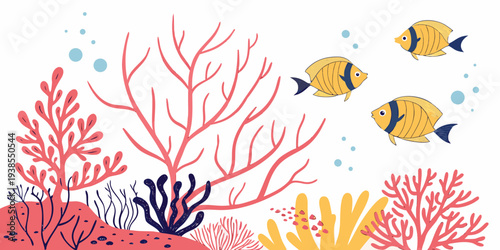 Colorful coral reef with yellow fish swimming Vector
